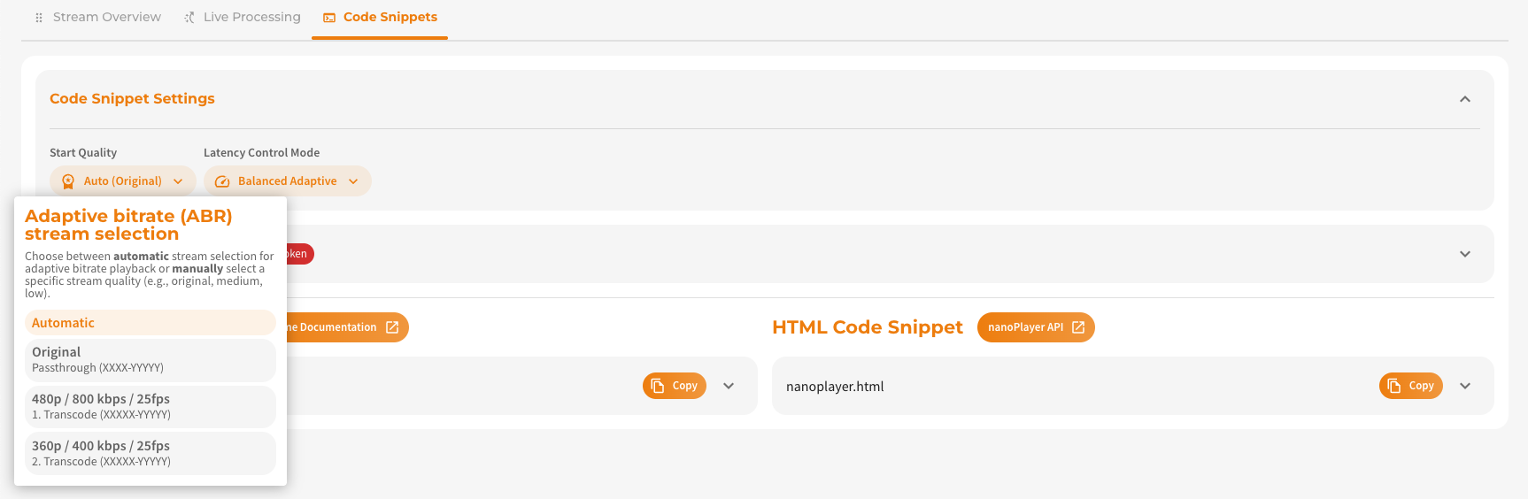 Screenshot: Start Quality (ABR) for Code Snippets