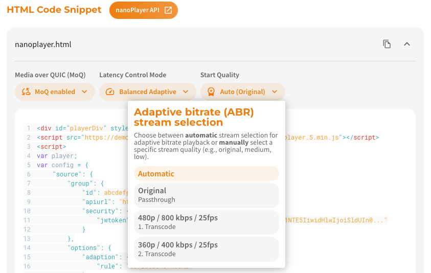 Screenshot: Start Quality (ABR) for Code Snippets