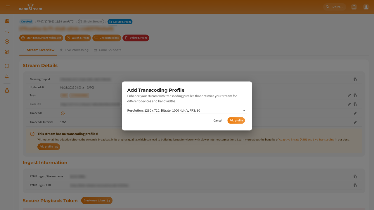 Screenshot: Add new transcoding profile to single stream