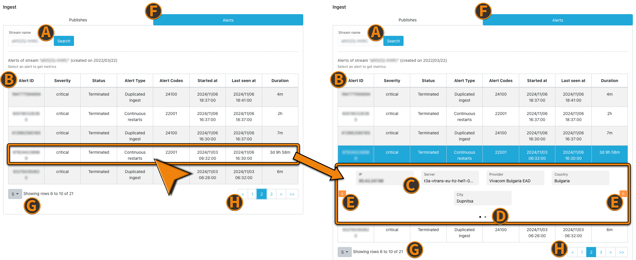 Screenshot: Alert Table Pre- &amp; Post- Alert Selection