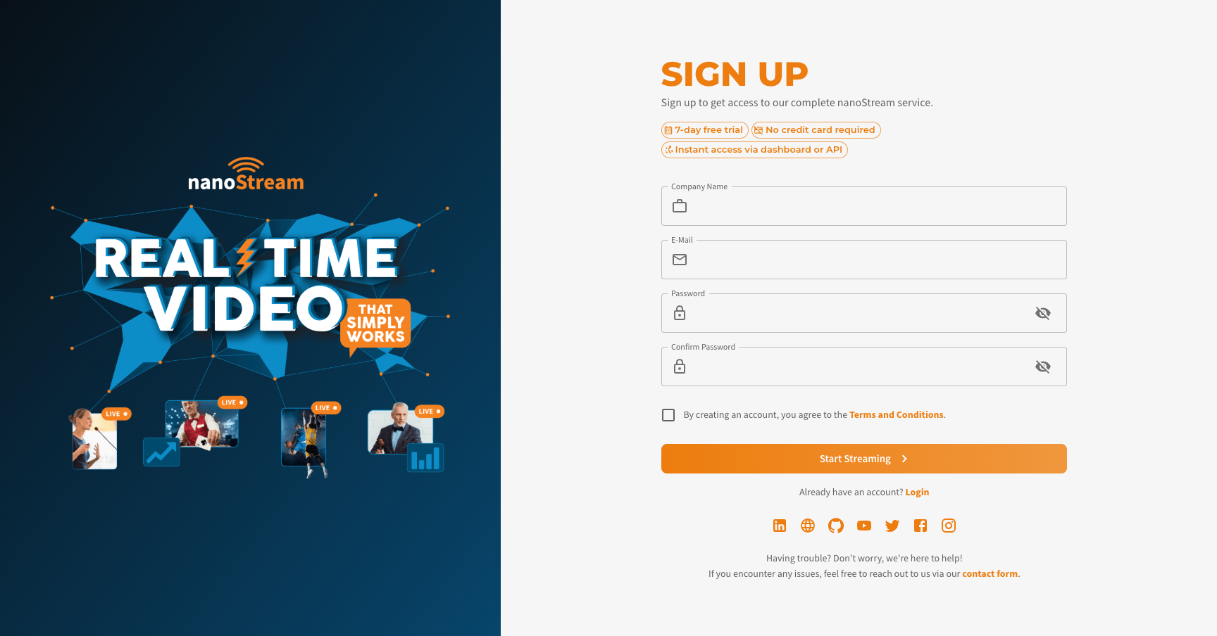 Screenshot: Signup to nanoStream
