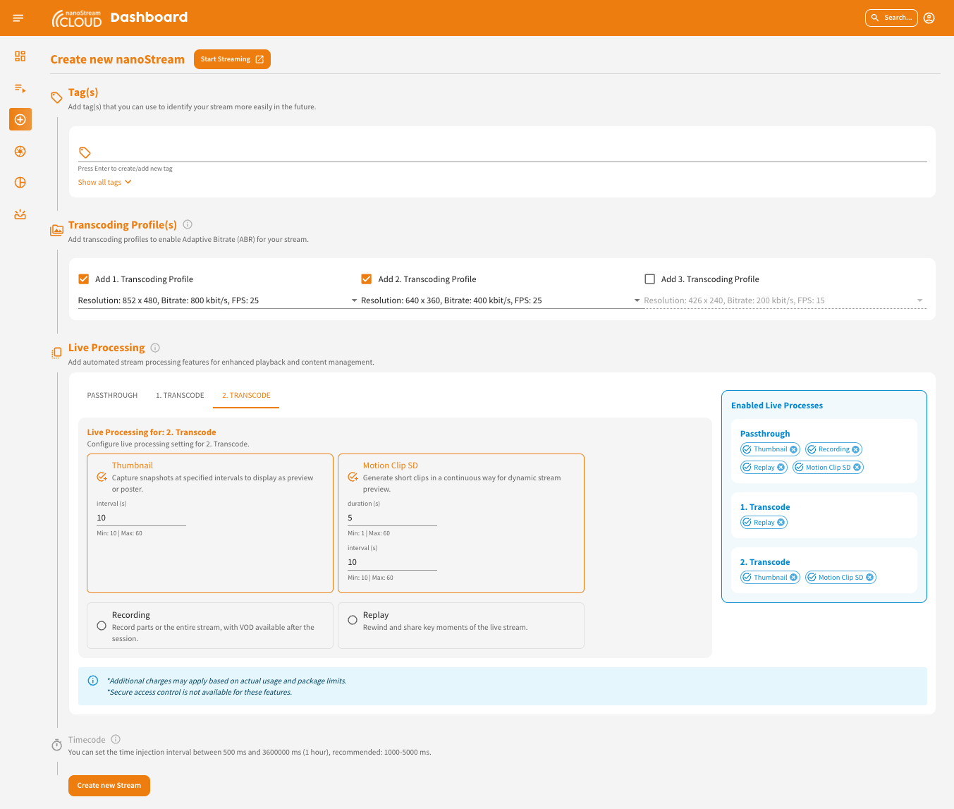 Screenshot: Live Processing Activation during Stream Creation