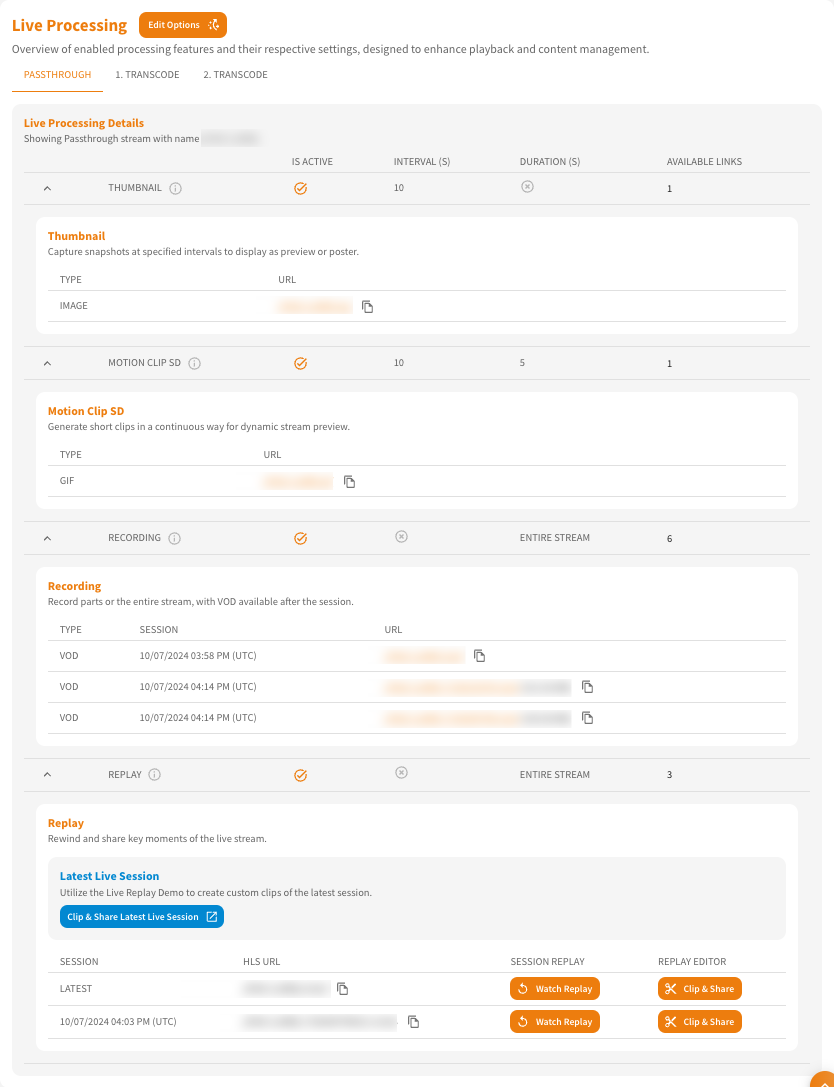 Screenshot: Expanded Live Processing Table showing the available resources for each option