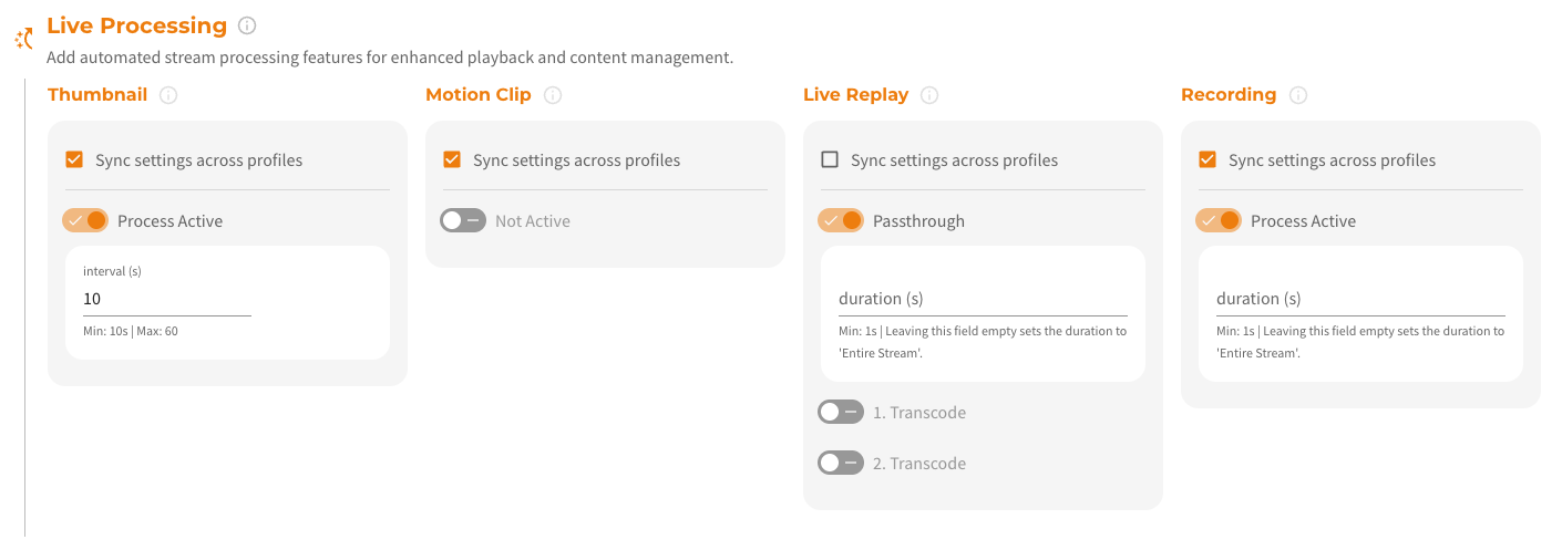 Screenshot: Adding live processing to a new stream