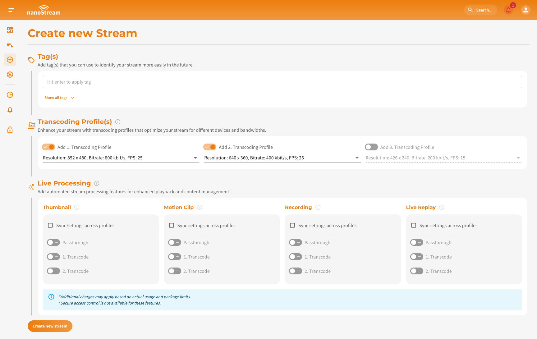 Screenshot: Create new Stream