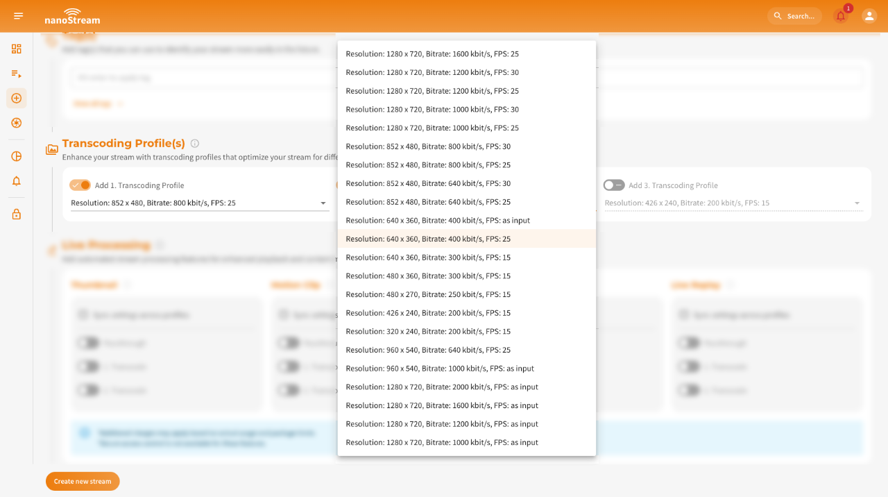 Screenshot: Adding transcoding to a new stream