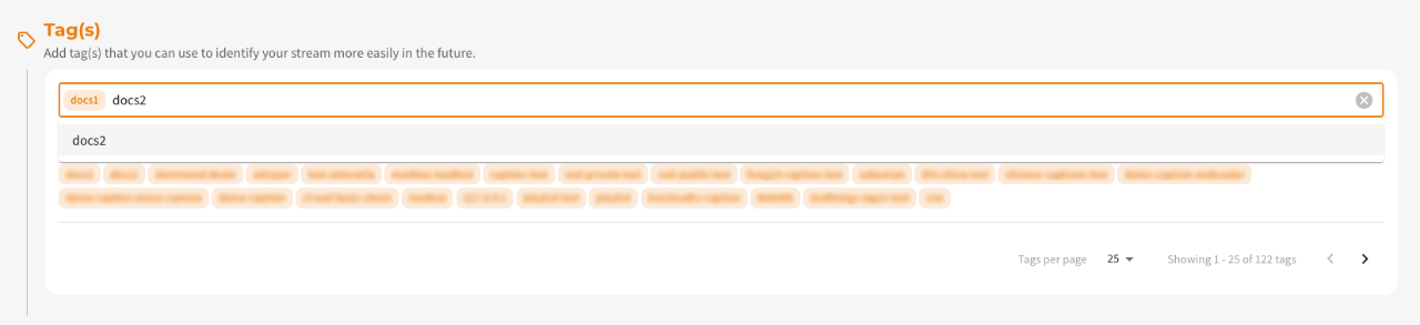 Screenshot: Adding tags to a new stream