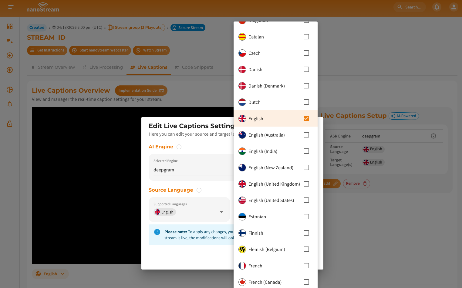 Screenshot: Edit Live Captions Settings