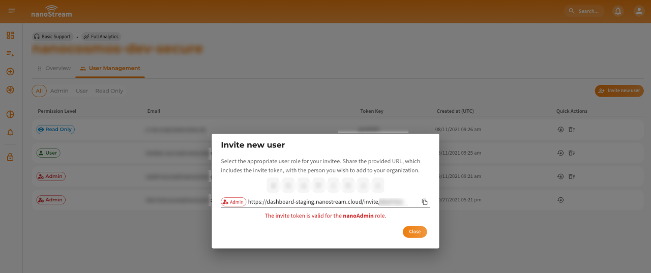 Screenshot: Invite Token Dialog