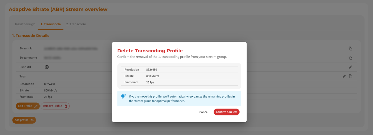 Screenshot: Delete Transcoding Profile