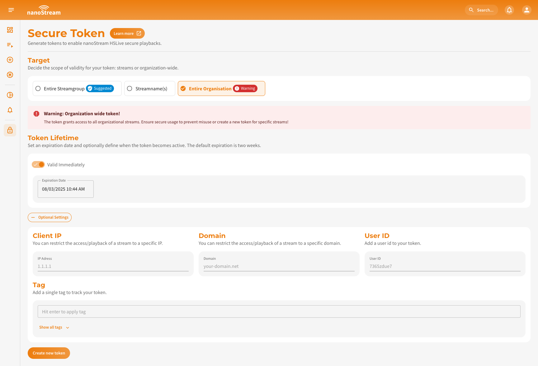 Screenshot: Create Secure Token