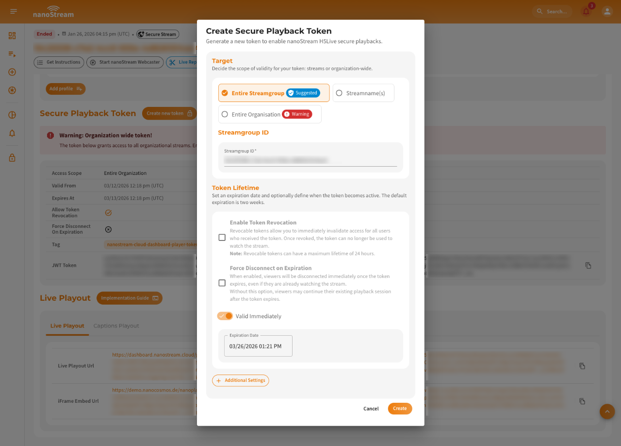 Screenshot: Secure Token Creation Dialog in Stream Overview