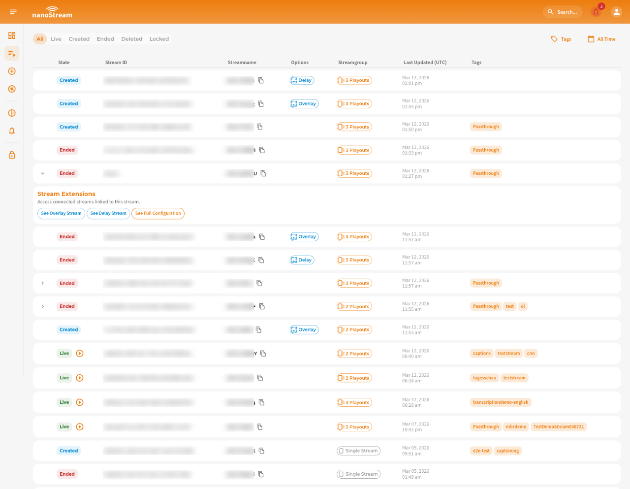 Screenshot: Stream list