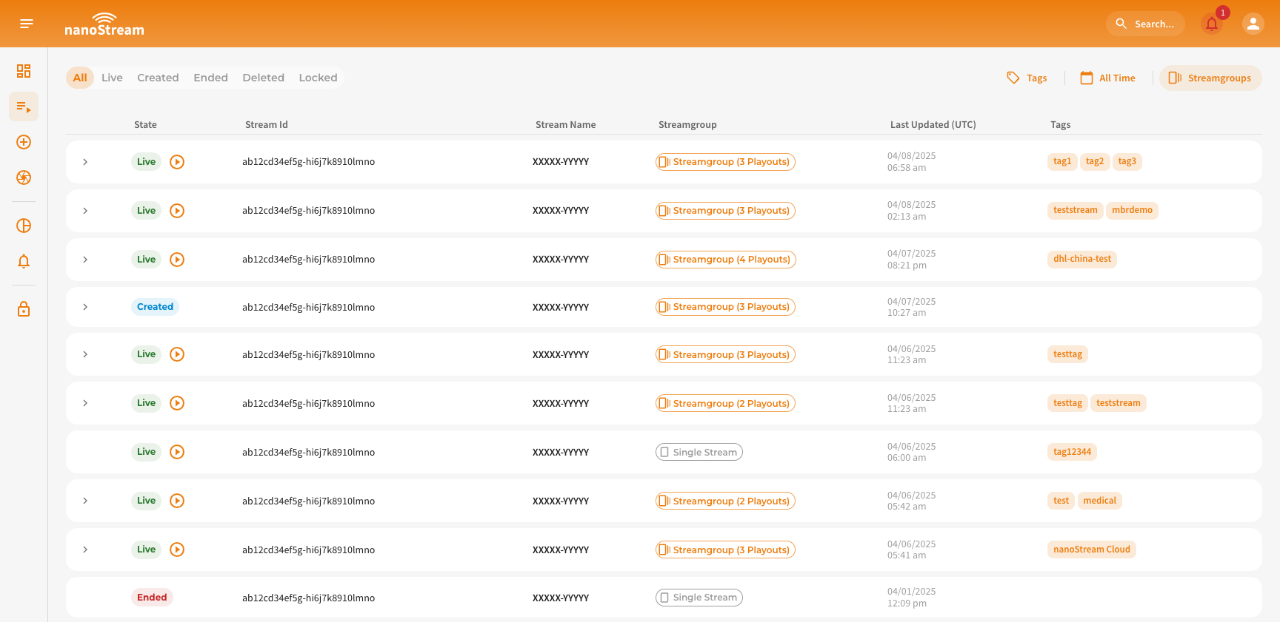 Screenshot: Stream list