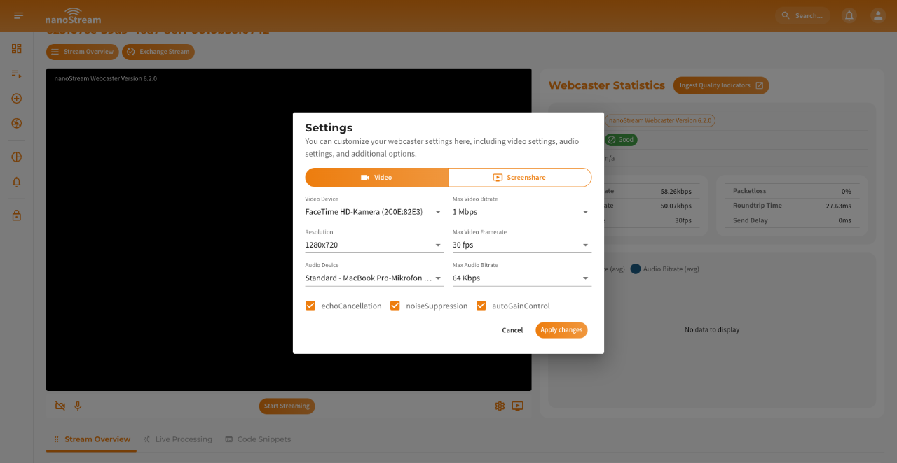 Screenshot: nanoStream Webcaster Settings